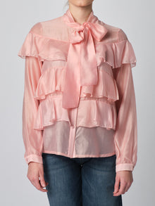  Camicia a balze con fiocco sul collo in lyocell rosa