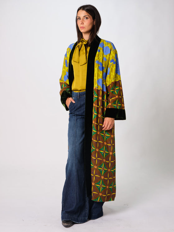 Kimono lungo Wu-Side rifinito in velluto liscio