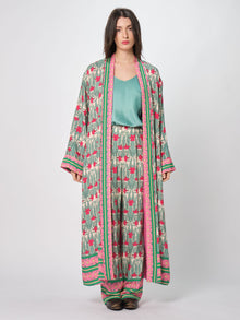  Kimono lungo in viscosa Wu-Side floreale fuxia/verde