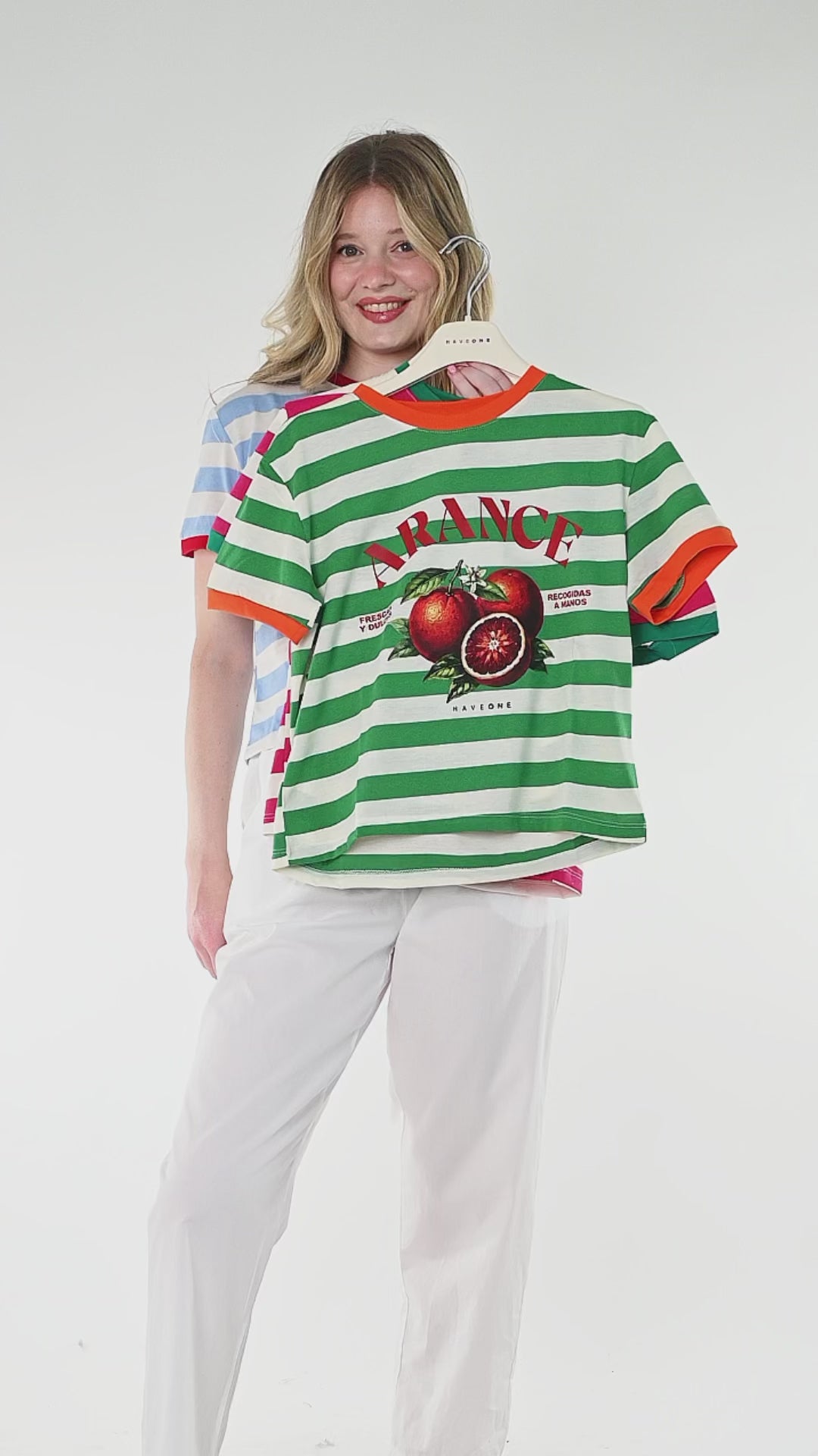 HAVEONE - T-SHIRT A RIGHE ARANCE ART. TSH-Q246/LVA - LATTE/VERDE/ARANCIO