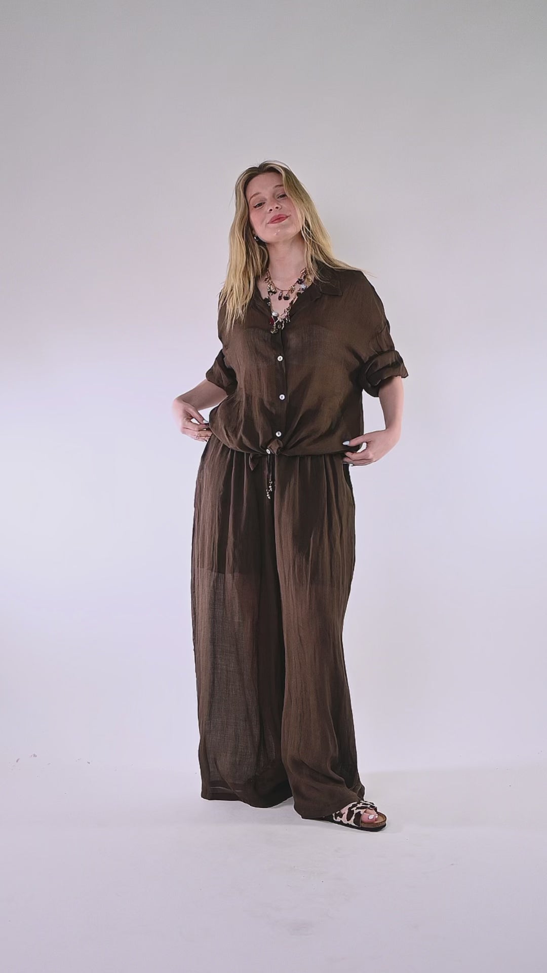 PHILIA LOFT - PANTALONE PALAZZO IN RAMIE ART.R02L1202/CI - CIOCCOLATO